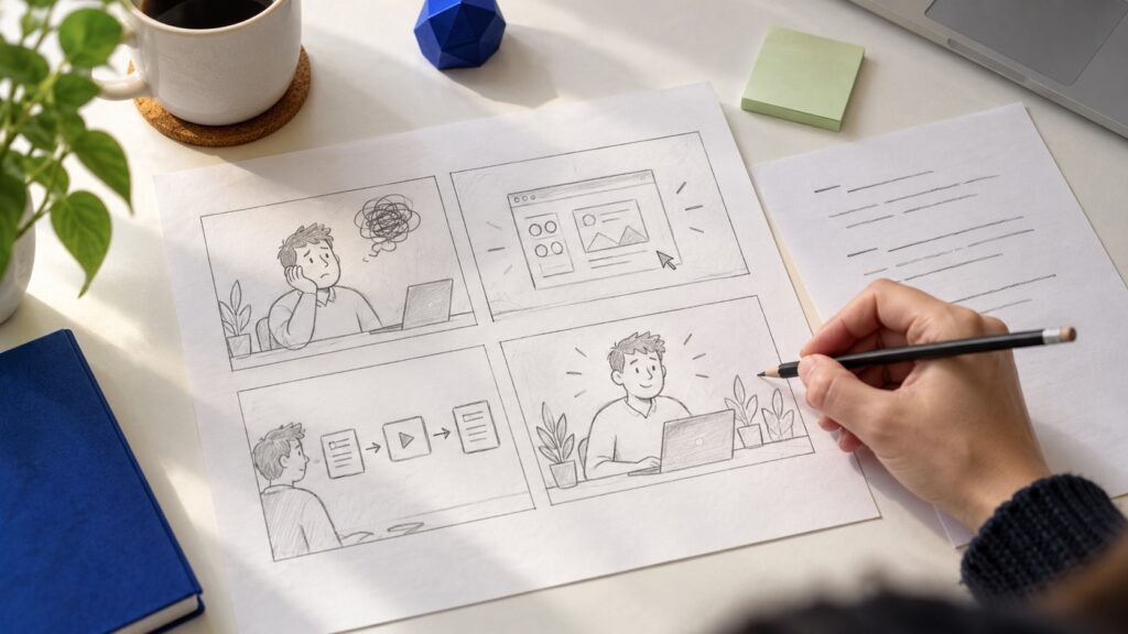 Praca nad scenariuszem explainer video: cztery sceny storyboardu i szkicowanie ołówkiem